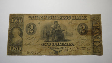 $2 1858 Augusta Georgia GA Obsolete Currency Bank Note Bill The Mechanics Bank