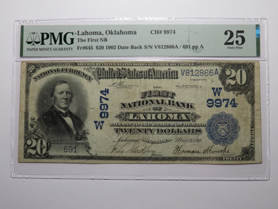 $20 1902 Lahoma Oklahoma OK National Currency Bank Note Bill Ch. #9974 VF25 PMG