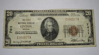 $20 1929 Linton Indiana IN National Currency Bank Note Bill Ch. #7411 VF+!
