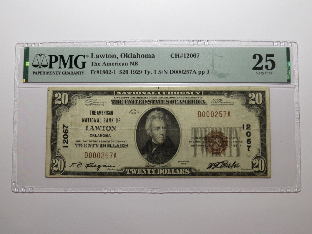 $20 1929 Lawton Oklahoma OK National Currency Bank Note Bill #12067 VF25 PMG