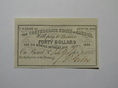 $40 1861 Confederate Bond Coupon Certificate Currency Bank Note Bill UNC