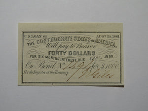 $40 1861 Confederate Bond Coupon Certificate Currency Bank Note Bill UNC