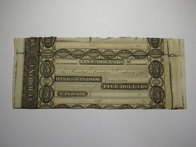 $5 18__ Windsor Vermont Obsolete Currency Bank Note Bill Remainder UNC+ Miscut!