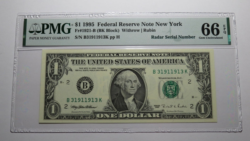 $1 1995 Radar Serial Number Federal Reserve Currency Bank Note Bill PMG UNC66EPQ