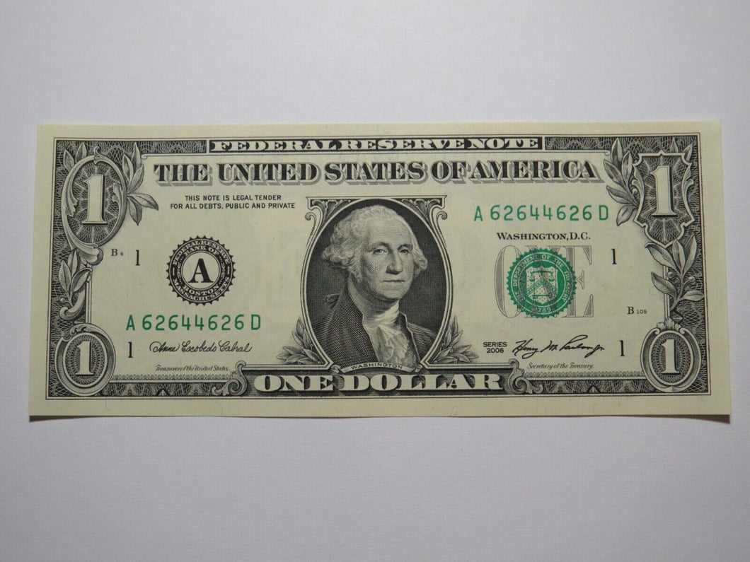$1 2006 Radar Serial Number Federal Reserve Currency Bank Note Bill UNC 62644626