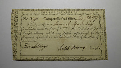 1790 5s Connecticut Comptroller's Office Colonial Currency Note Ralph Pomeroy!