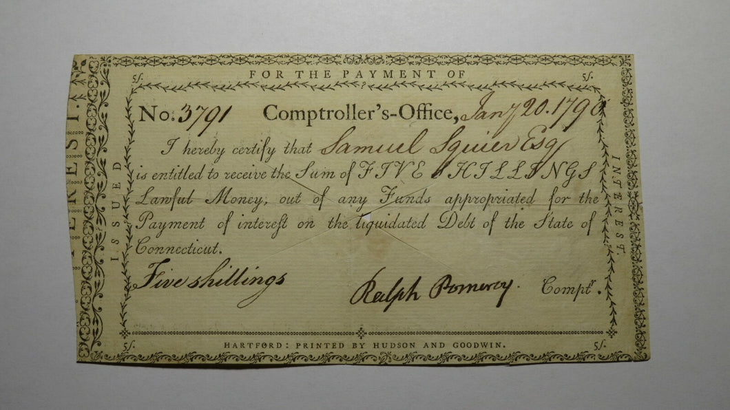 1790 5s Connecticut Comptroller's Office Colonial Currency Note Ralph Pomeroy!