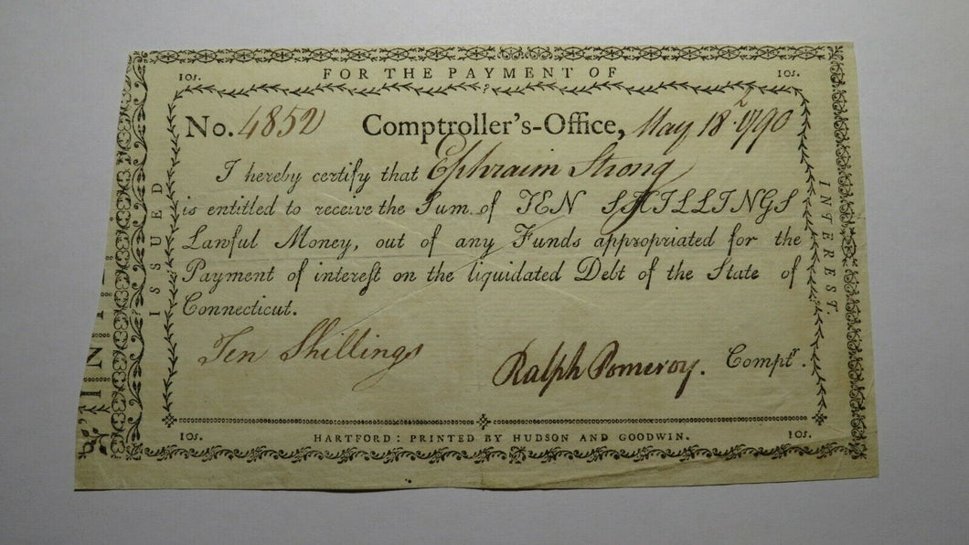 1790 10s Connecticut Comptroller's Office Colonial Currency Note Pomeroy Signed!