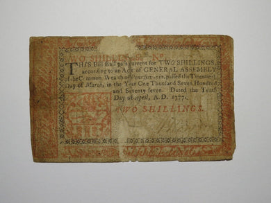 1777 Two Shillings Pennsylvania PA Colonial Currency Bank Note Bill 2s RARE