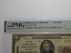 $20 1929 Johnstown Colorado National Currency Bank Note Bill Ch. #8636 VF25 PMG