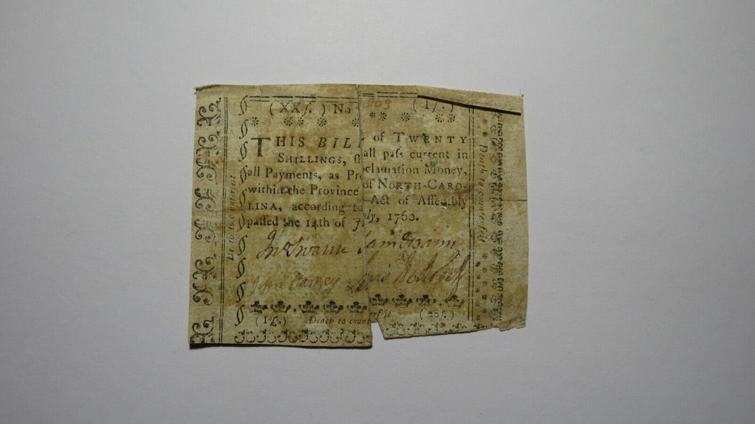 1760 Twenty Shillings North Carolina NC Colonial Currency Bank Note Bill 20s