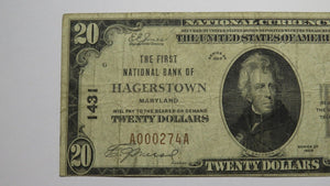 $20 1929 Hagerstown Maryland MD National Currency Bank Note Bill Ch. #1431 FINE