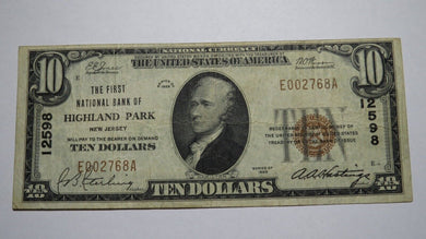 $10 1929 Highland Park New Jersey NJ National Currency Bank Note Bill #12598 VF+