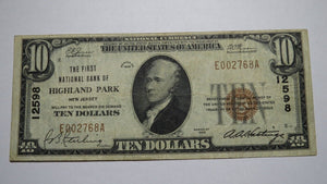 $10 1929 Highland Park New Jersey NJ National Currency Bank Note Bill #12598 VF+