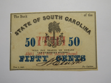 $.50 1863 Charleston South Carolina Obsolete Currency Bank Note State of SC UNC