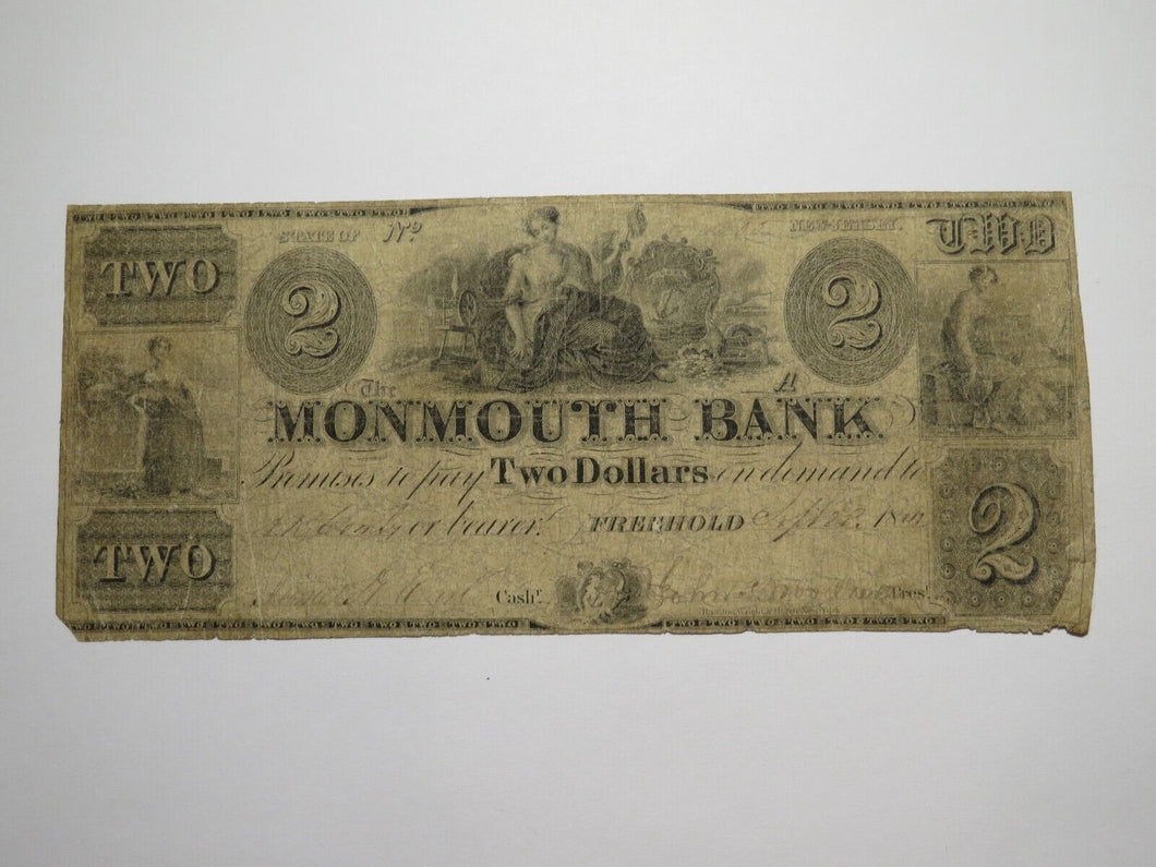 $2 1841 Freehold New Jersey NJ Obsolete Currency Bank Note Bill Monmouth Bank