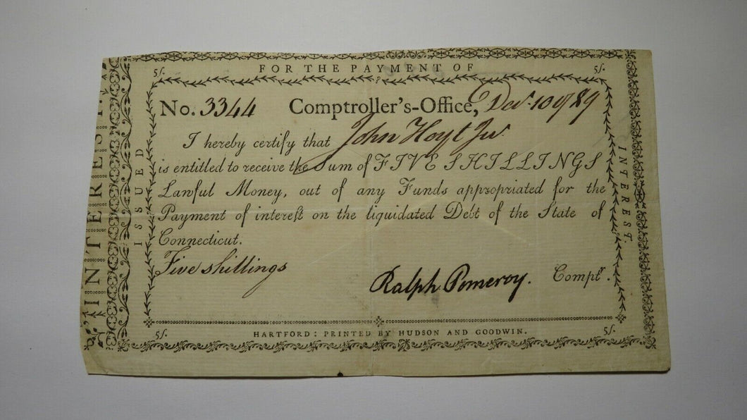 1789 5 Shillings Connecticut Comptroller Colonial Currency Note! Ralph Pomeroy