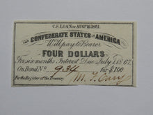 Load image into Gallery viewer, $4 1861 Confederate Bond Coupon Certificate Currency Bank Note Bill UNC