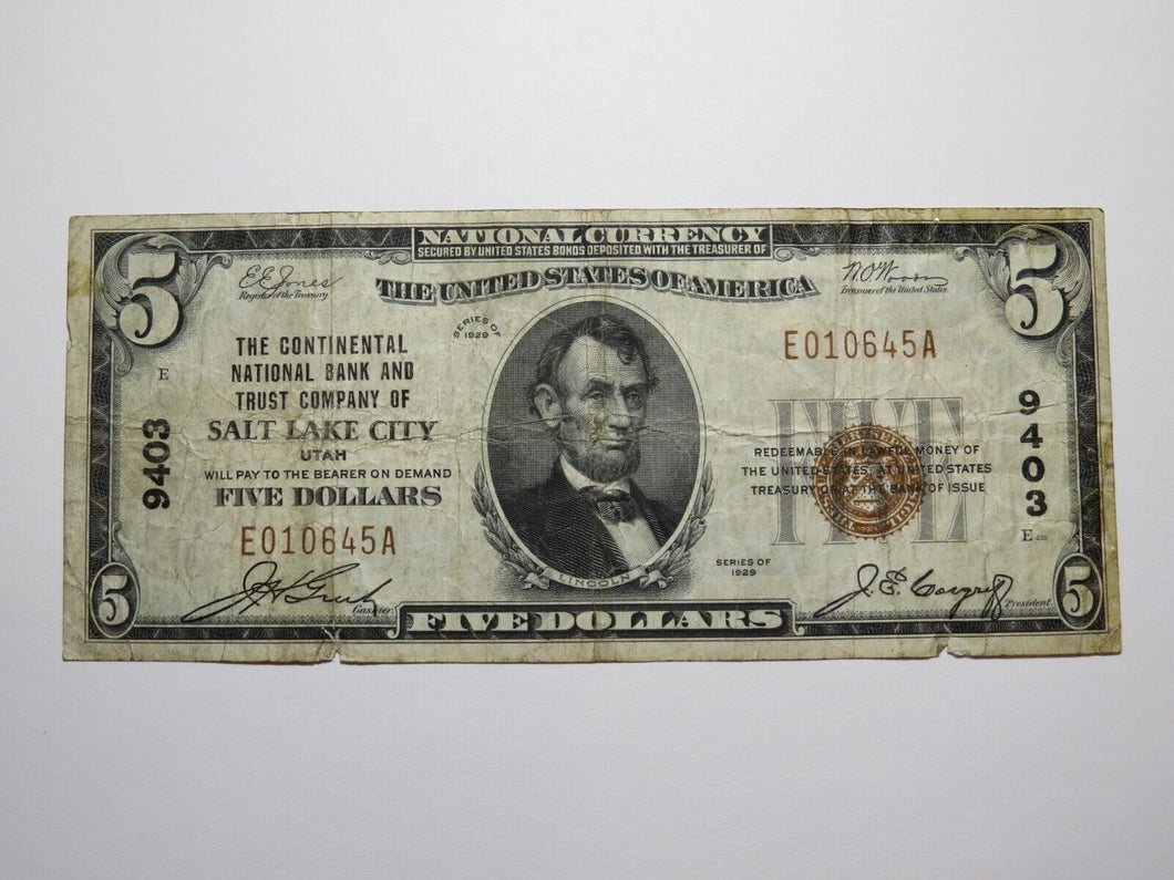 $5 1929 Salt Lake City Utah UT National Currency Bank Note Bill Charter #9403