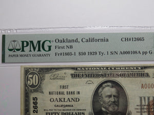 $50 1929 Oakland California National Currency Bank Note Bill Ch. #12665 VF30 PMG
