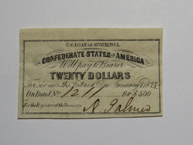 $20 1861 Confederate Bond Coupon Certificate Currency Bank Note Bill UNC