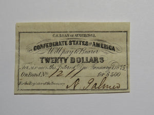 $20 1861 Confederate Bond Coupon Certificate Currency Bank Note Bill UNC