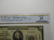 Load image into Gallery viewer, $20 1929 Minneapolis Kansas KS National Currency Bank Note Bill #4931 VF25 PCGS