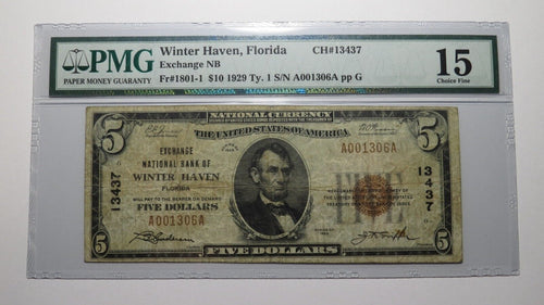 $5 1929 Winter Haven Florida FL National Currency Bank Note Bill Ch #13437 F15