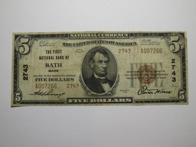 $5 1929 Bath Maine ME National Currency Bank Note Bill Charter #2743 FINE+
