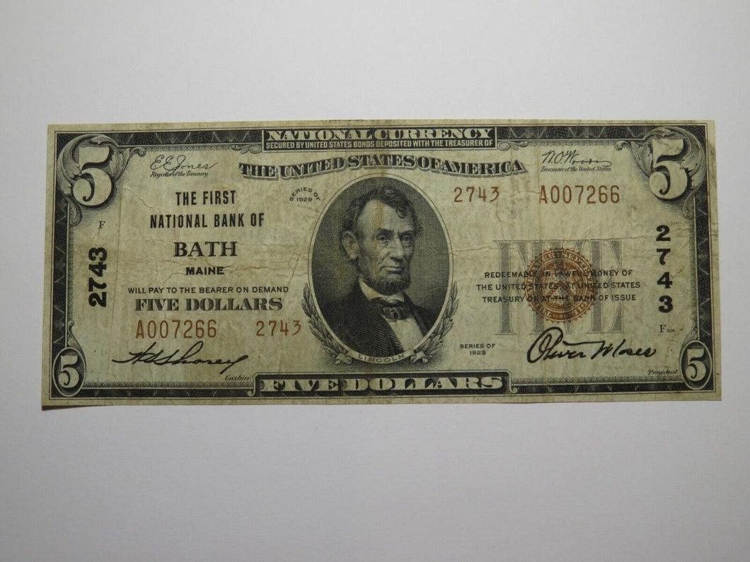 $5 1929 Bath Maine ME National Currency Bank Note Bill Charter #2743 FINE+