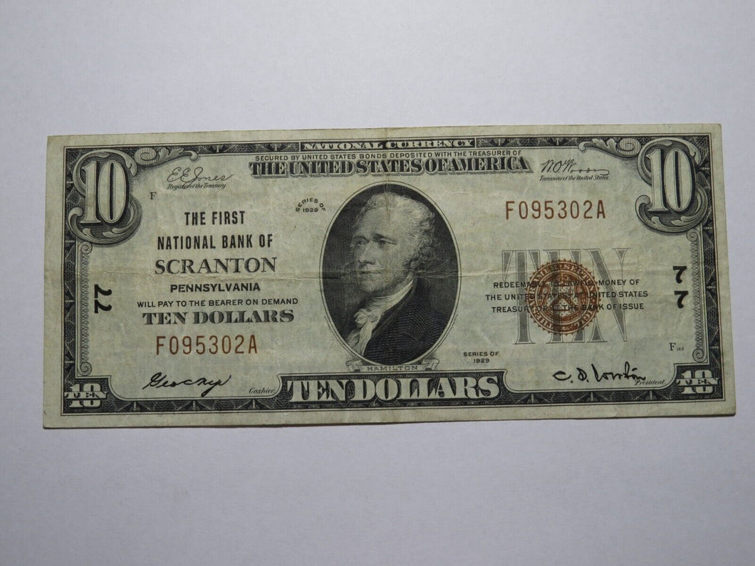 $10 1929 Scranton Pennsylvania PA National Currency Bank Note Bill Ch #77 VF