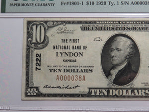 $10 1929 Lyndon Kansas National Currency Bank Note Bill Charter #7222 VF35 PMG