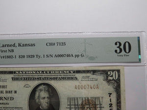 $20 1929 Larned Kansas KS National Currency Bank Note Bill Ch. #7125 VF30 PMG