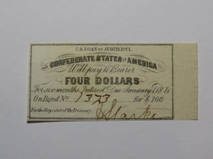 $4 1861 Confederate Bond Coupon Certificate Currency Bank Note Bill UNC