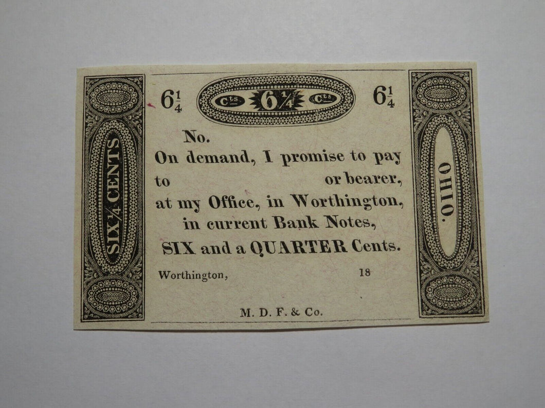 $.06 18__  Worthington Ohio Obsolete Currency Bank Note Remainder Ezra Griswold