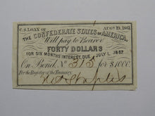 Load image into Gallery viewer, $40 1861 Confederate Bond Coupon Certificate Currency Bank Note Bill UNC