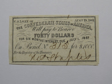 $40 1861 Confederate Bond Coupon Certificate Currency Bank Note Bill UNC