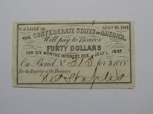 $40 1861 Confederate Bond Coupon Certificate Currency Bank Note Bill UNC