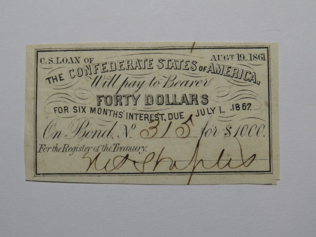 $40 1861 Confederate Bond Coupon Certificate Currency Bank Note Bill UNC