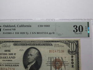 $10 1929 Oakland California National Currency Bank Note Bill Ch. #9502 VF30EPQ