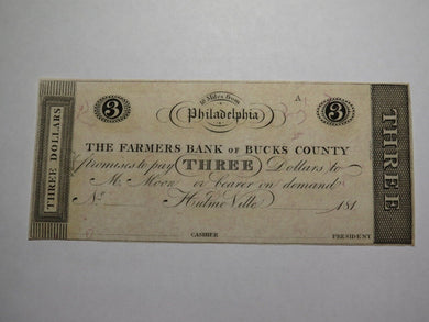 $3 18__ Hulmeville Pennsylvania Obsolete Currency Bank Note Bill Remainder UNC++