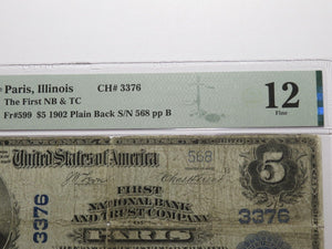 $5 1902 Paris Illinois IL National Currency Bank Note Bill Charter #3376 PMG