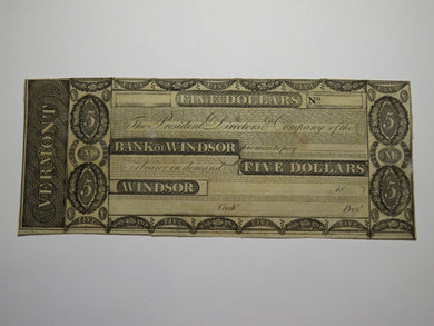 $5 18__ Windsor Vermont VT Obsolete Currency Bank Note Bill Remainder Rare UNC