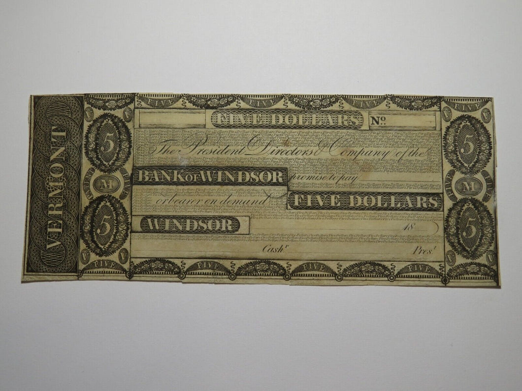 $5 18__ Windsor Vermont VT Obsolete Currency Bank Note Bill Remainder Rare UNC