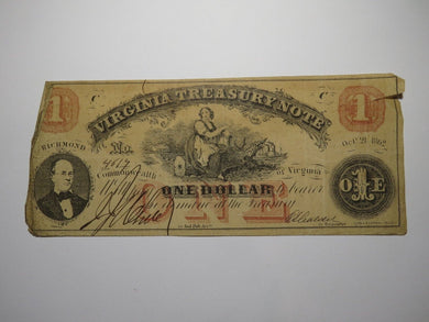 $1 1862 Richmond Virginia VA Obsolete Currency Treasury Bank Note Bill