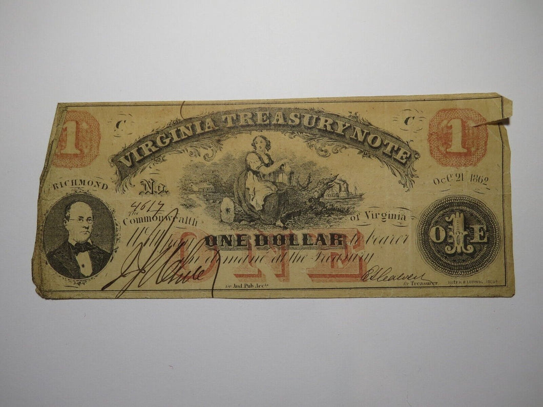 $1 1862 Richmond Virginia VA Obsolete Currency Treasury Bank Note Bill