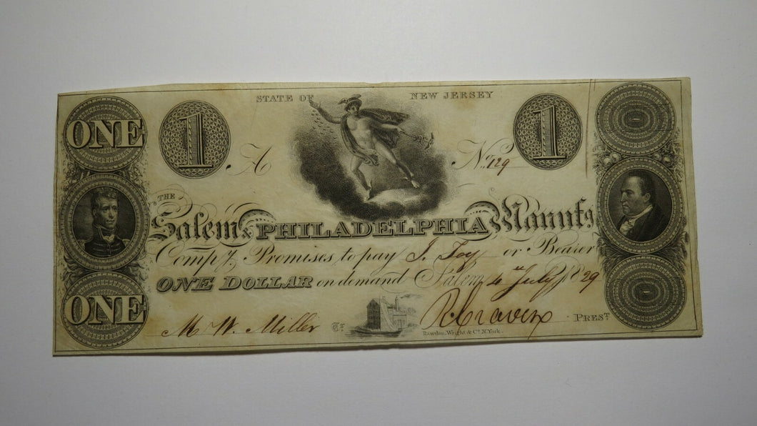 $1 1829 Salem New Jersey Obsolete Currency Bank Note Bill! Salem & Philadelphia