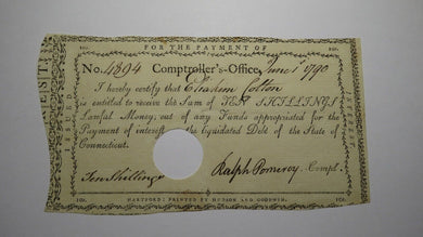1790 10s Connecticut Pay Table Office Colonial Currency Note Bill! Ralph Pomeroy