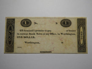 $1 18__ Worthington Ohio OH Obsolete Currency Bank Note Erza Griswold UNC++