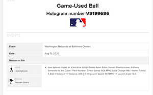 2020 Jose Iglesias Baltimore Orioles Game Used RBI Single MLB Baseball! Suero!